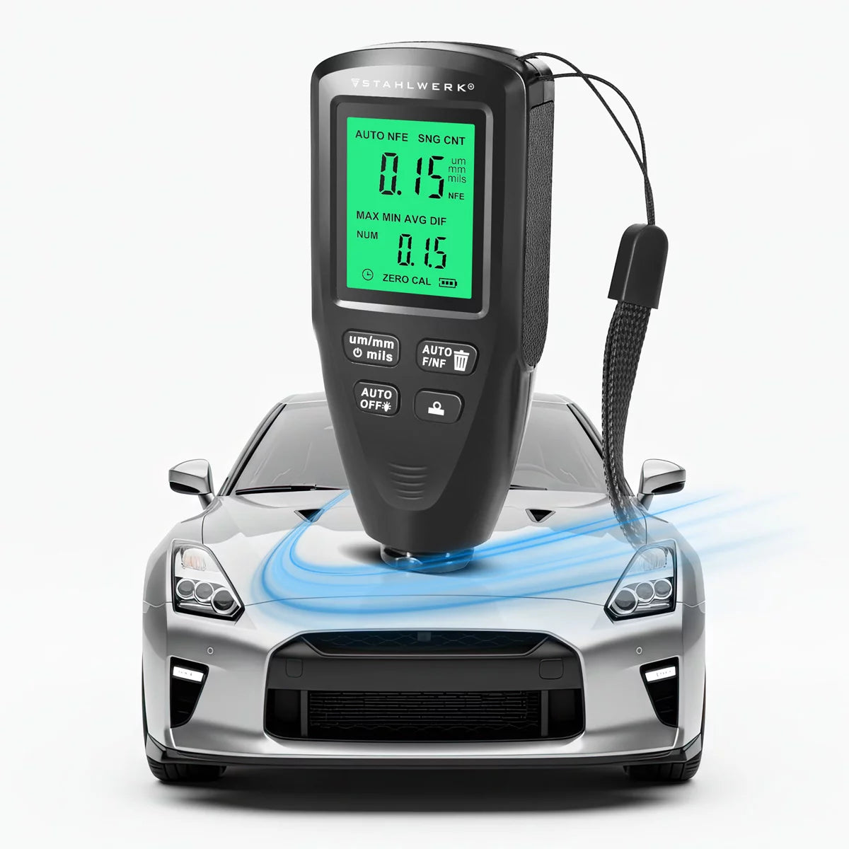 STAHLWERK Schichtdickenmesser | Kompakter Lackdickenprüfer 0-2000 µm für KFZ und Materialprüfung | Dual-Sonde-Messgerät zur Bestimmung von Lackdicken | Präziser Fe/NFe Lackdickenmesser für Metall