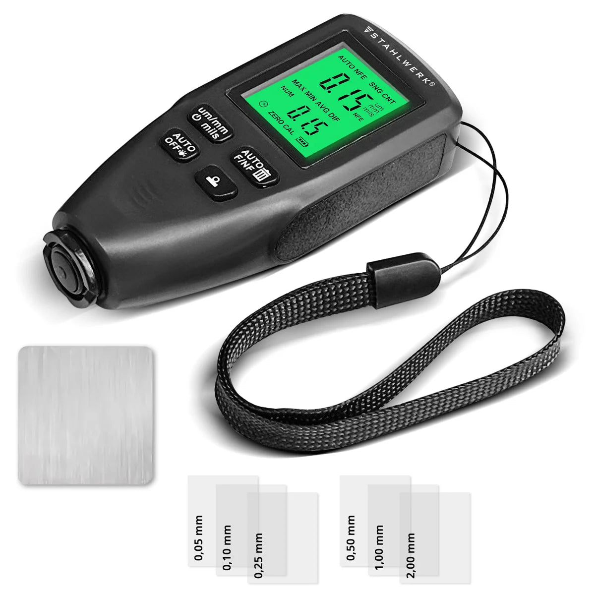 STAHLWERK Schichtdickenmesser | Kompakter Lackdickenprüfer 0-2000 µm für KFZ und Materialprüfung | Dual-Sonde-Messgerät zur Bestimmung von Lackdicken | Präziser Fe/NFe Lackdickenmesser für Metall