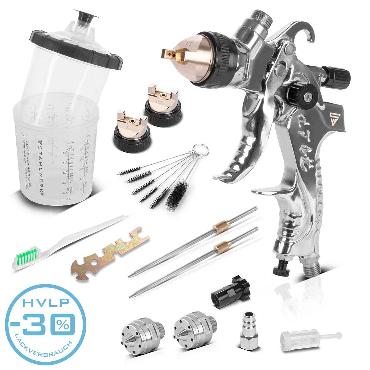 Stahlwerk HVLP painting pistol SG-2550 ST with 1.4 | 1.7 | 2.0 mm nozzle set and 650 ml of assembly cup | Profi spray gun | Spray gun | Spray gun