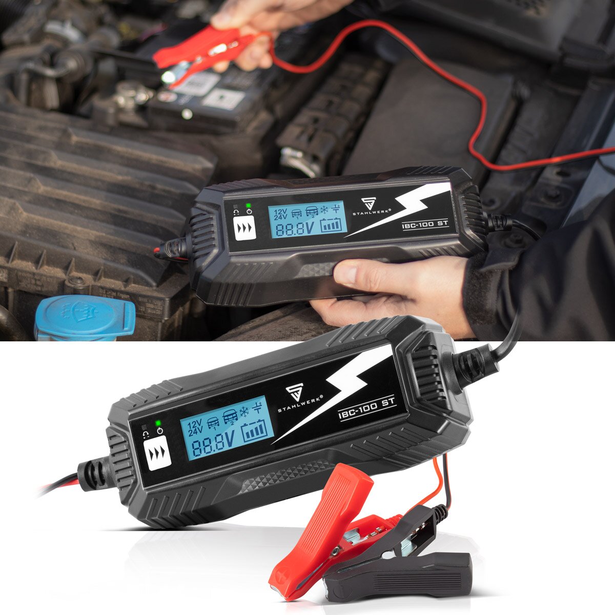 STAHLWERK Batterieladegerät IBC-100 ST mit Mikroprozessor und 10 Lademodi für 12V/24V AGM, VRLA, MF, SLA und GEL-Batterien | Intelligentes Ladegerät für Auto und Motorrad