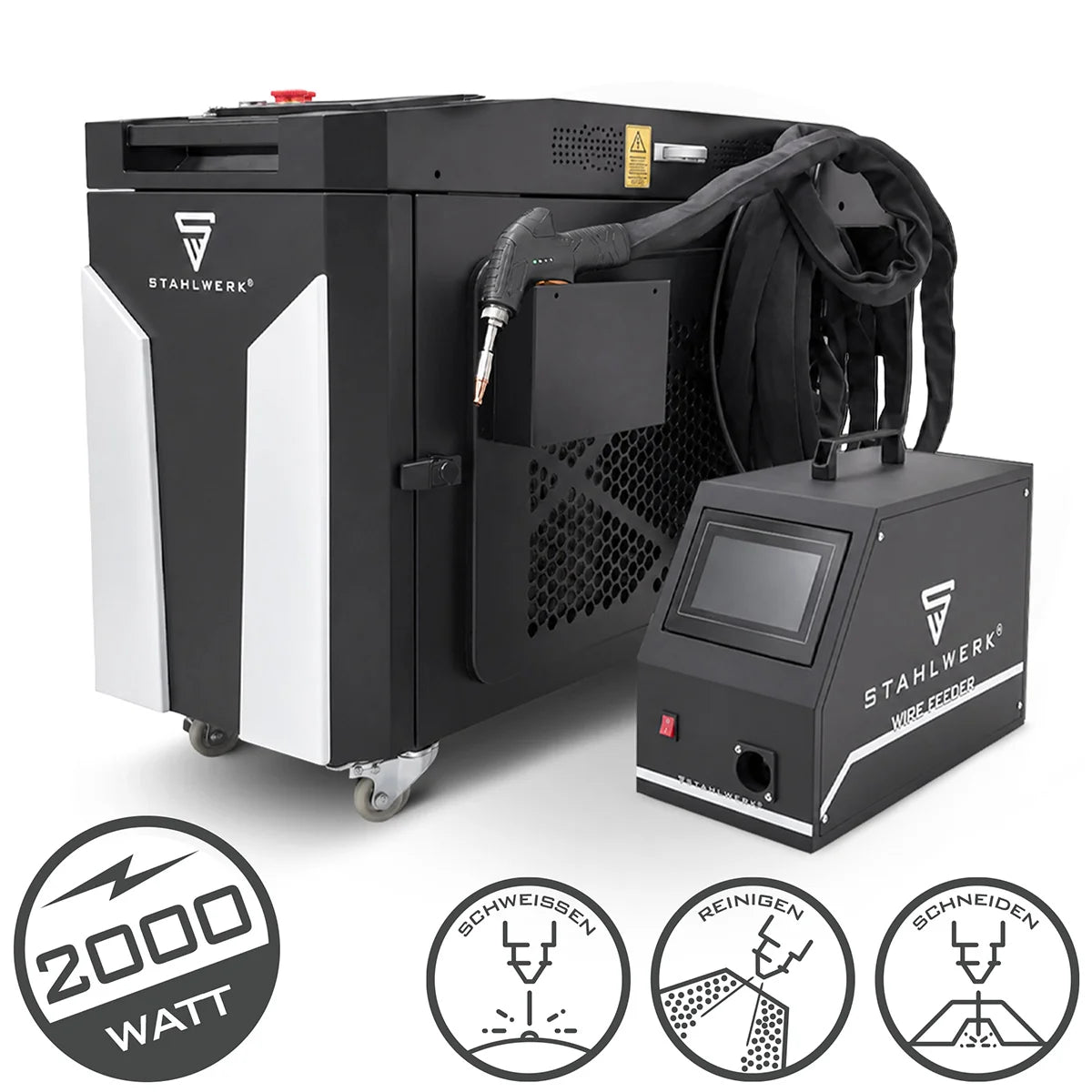 STAHLWERK Laser-Schweißgerät WCD 2000 Laser Pro mit 2000 W | 3-in-1-Laser-Schweißanlage zum Schweißen, Schneiden und Reinigen | Handgeführtes Schweißsystem mit CW-Faserlaser | Laserklasse 4 | 230 V