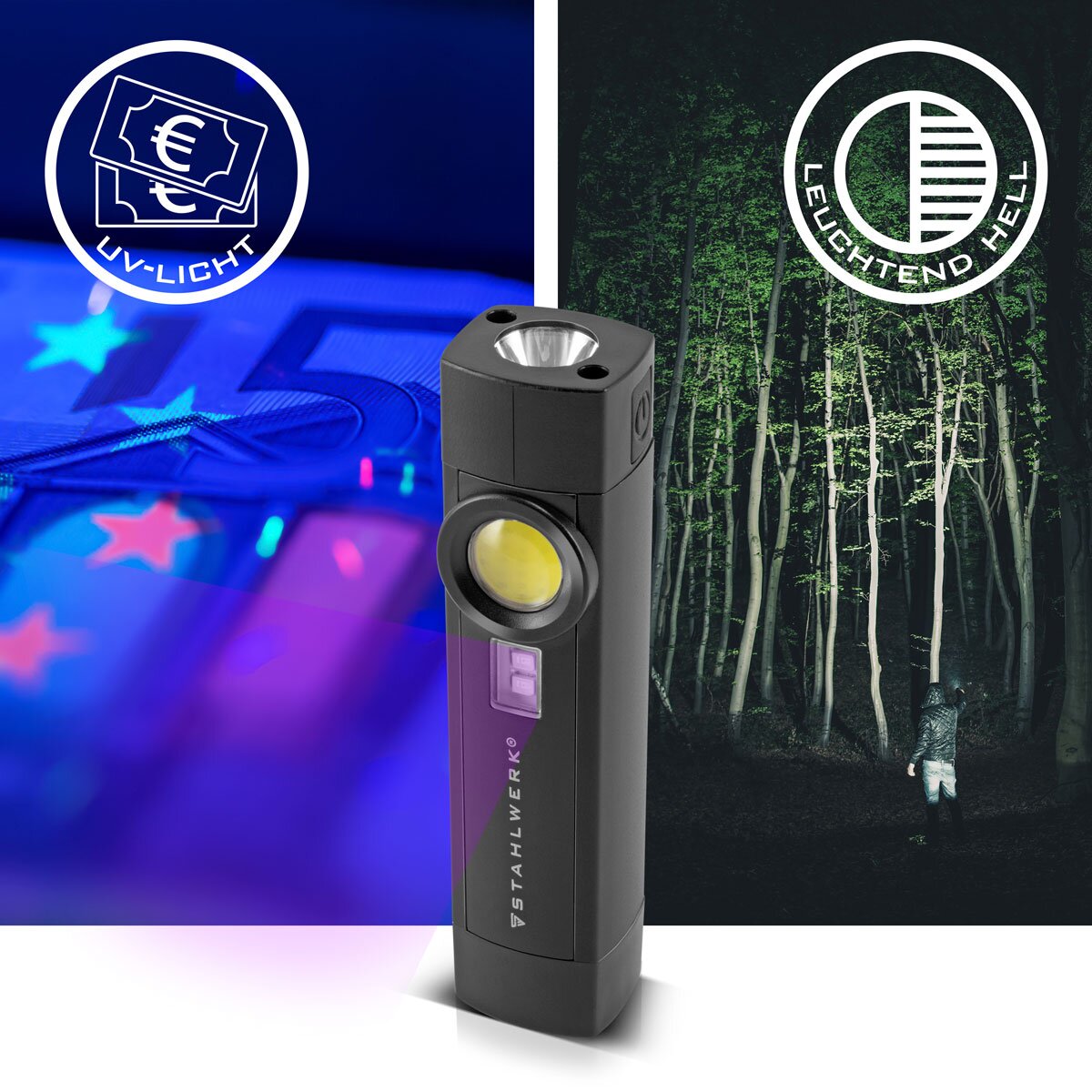 Lámpara de trabajo LED de acero AL-3 ST potente lámpara de linterna / taller de 5 vatios con 4 modos de luz que incluyen luz UV, batería integrada, imán y conexión USB