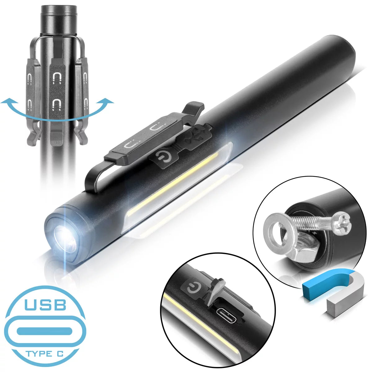 Luz de trabajo LED de Steelworks | Potente lámpara estable con linterna COB | Lámpara de taller con soporte magnético | Conexión USB-C | Batería de 600 mAh | Rápidamente recargable | Lámpara LED universalmente utilizable