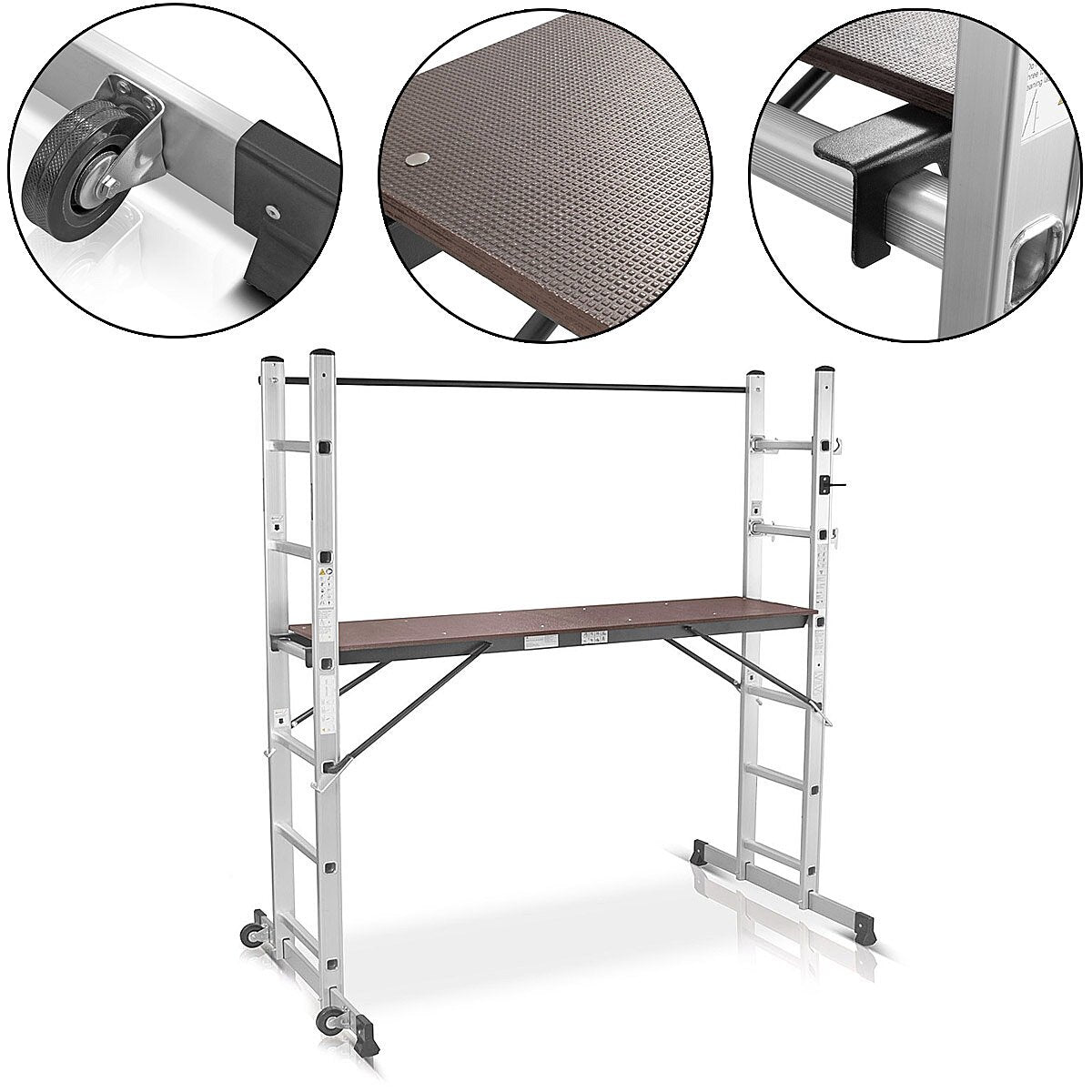 STAHLWERK Leitergerüst LG-270 ST 150 kg Tragkraft, 3 in 1 Mehrzweckleiter / Aluminium Klappleiter / Arbeitsgerüst / Arbeitsplattform / Gerüst mit rutschfesten Sprossen inklusive 7 Jahre Hersteller-Garantie