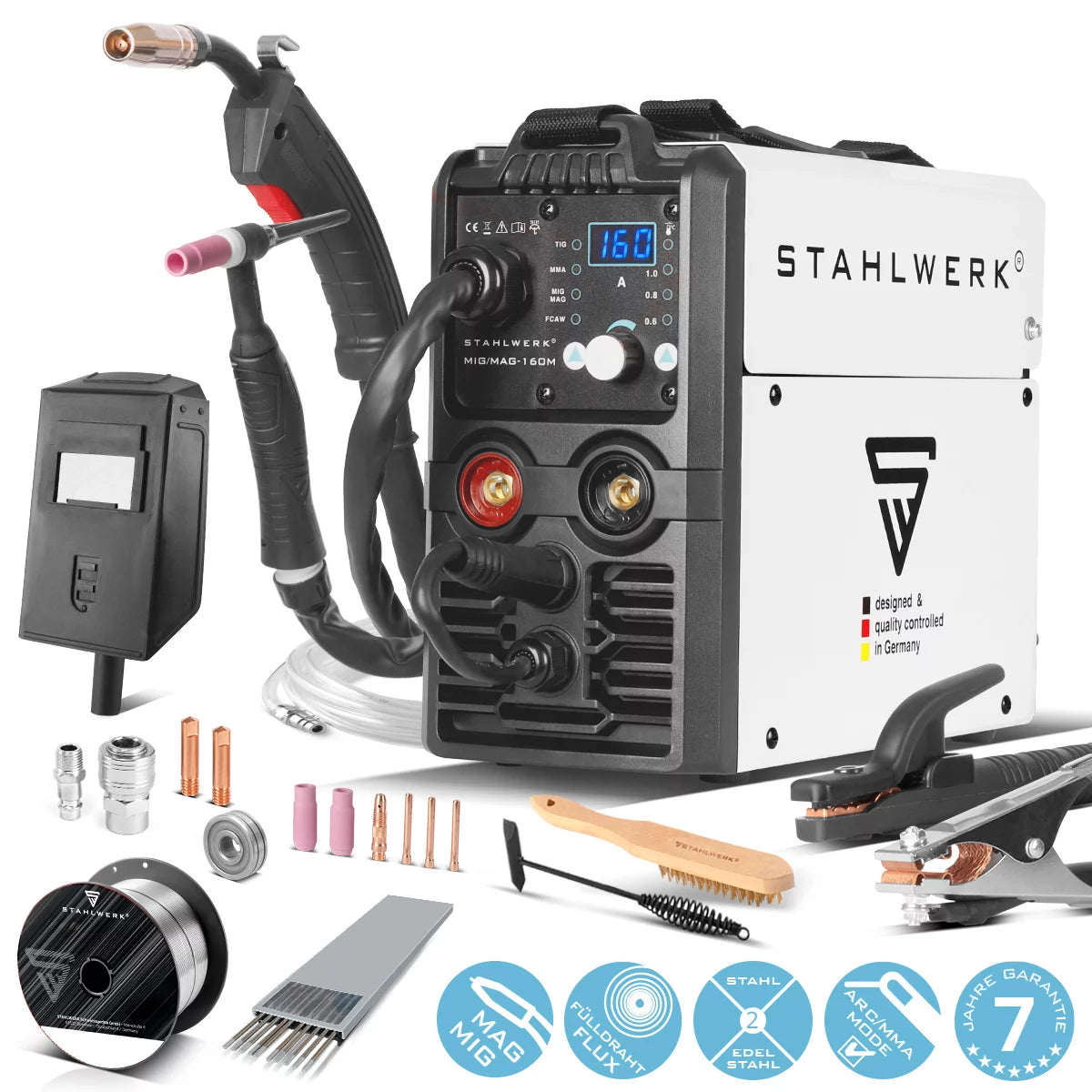 STAHLWERK Lift TIG Starter Set MIG MAG 160 M / Vollsynergisches 5 in 1 Kombinationsschweißgerät mit 160 Ampere und 2 Rollenantrieb / MIG MAG FLUX ARC MMA Lift TIG