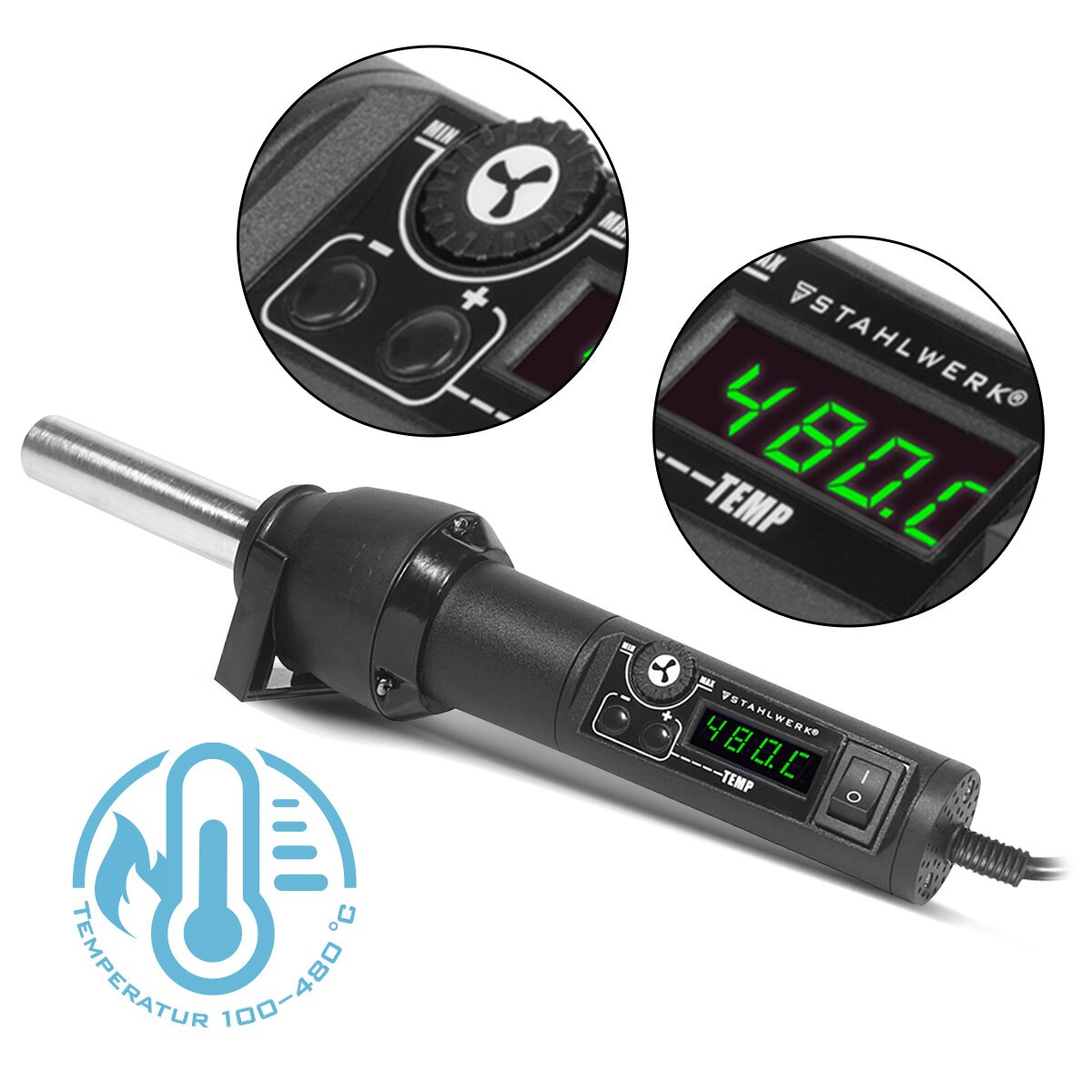 Estación de soldadura de Stahlwerk Slumador de aire caliente HLG -480 ST con 700 W y 100 - 480 ° C Dispositivo de soldadura | Soldador | Pistola de loensión | Pistola de aire caliente para aire caliente, soldadura, reelaboración y agotamiento