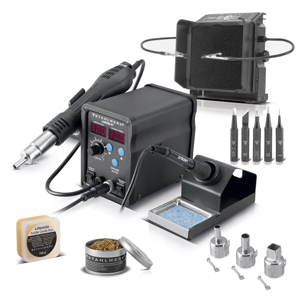 STAHLWERK Lötstation LHS750-ST mit 750 Watt im Komplett-Set | 2-in-1-Heißluft-Lötstation | Lötgerät | Lötkolben mit Lötabsaugung, Lötkolbenspitzen, Lötkolbenreiniger und Lötpaste