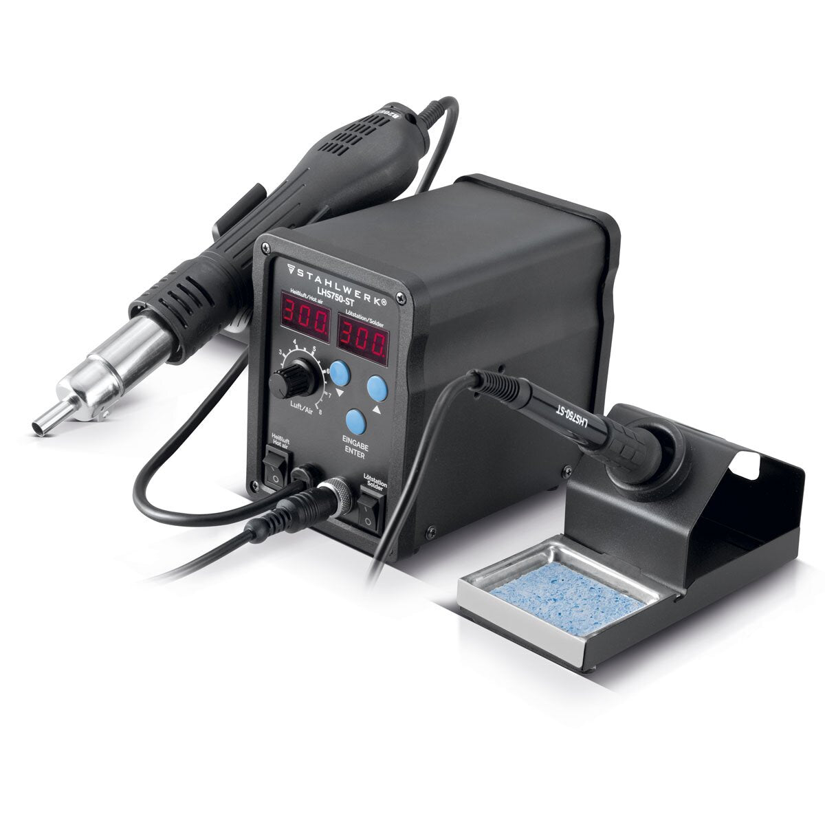 STAHLWERK Lötstation LHS750-ST mit 750 Watt im Komplett-Set | 2-in-1-Heißluft-Lötstation | Lötgerät | Lötkolben mit Lötabsaugung, Lötkolbenspitzen, Lötkolbenreiniger und Lötpaste
