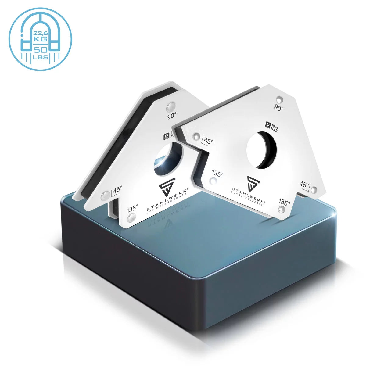 STAHLWERK 2 × Magnet-Schweißwinkel Magnetwinkel Schweißmagnet 45° x 90° x 135°, 22,6 kg / 50 lbs