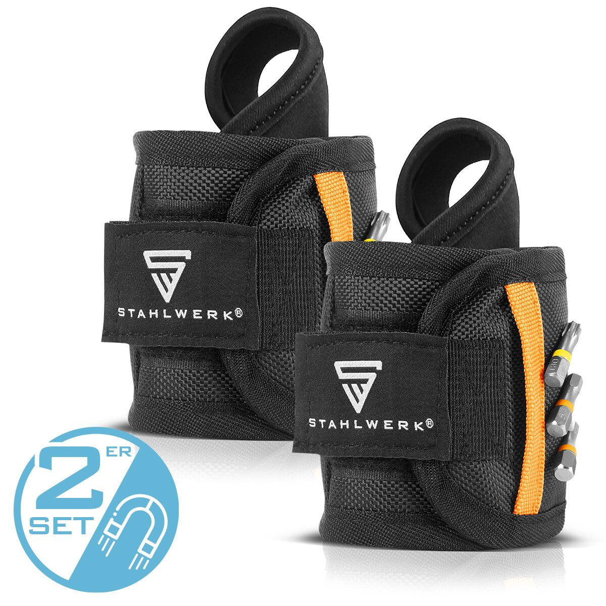 Le bracelet à aimant Stahlwerk 2 set pour la maison et les artisans | Bracelet magnétique avec fixation velcro pour la fixation au poignet ou à la courroie pour les vis, les ongles, les bits et les petites pièces magnétiques