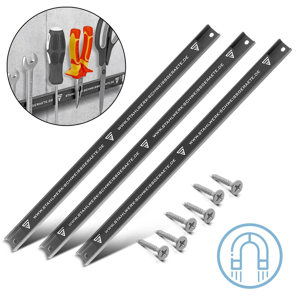 STAHLWERK Magnetleiste MWZ-18 ST 3er Set 18" | 45 cm Werkzeugleiste | Magnetschiene | Messerleiste | Magnethalterung | Werkzeugschiene | Magnetischer Werkzeughalter mit starker Haftkraft für Messer und Werkzeuge