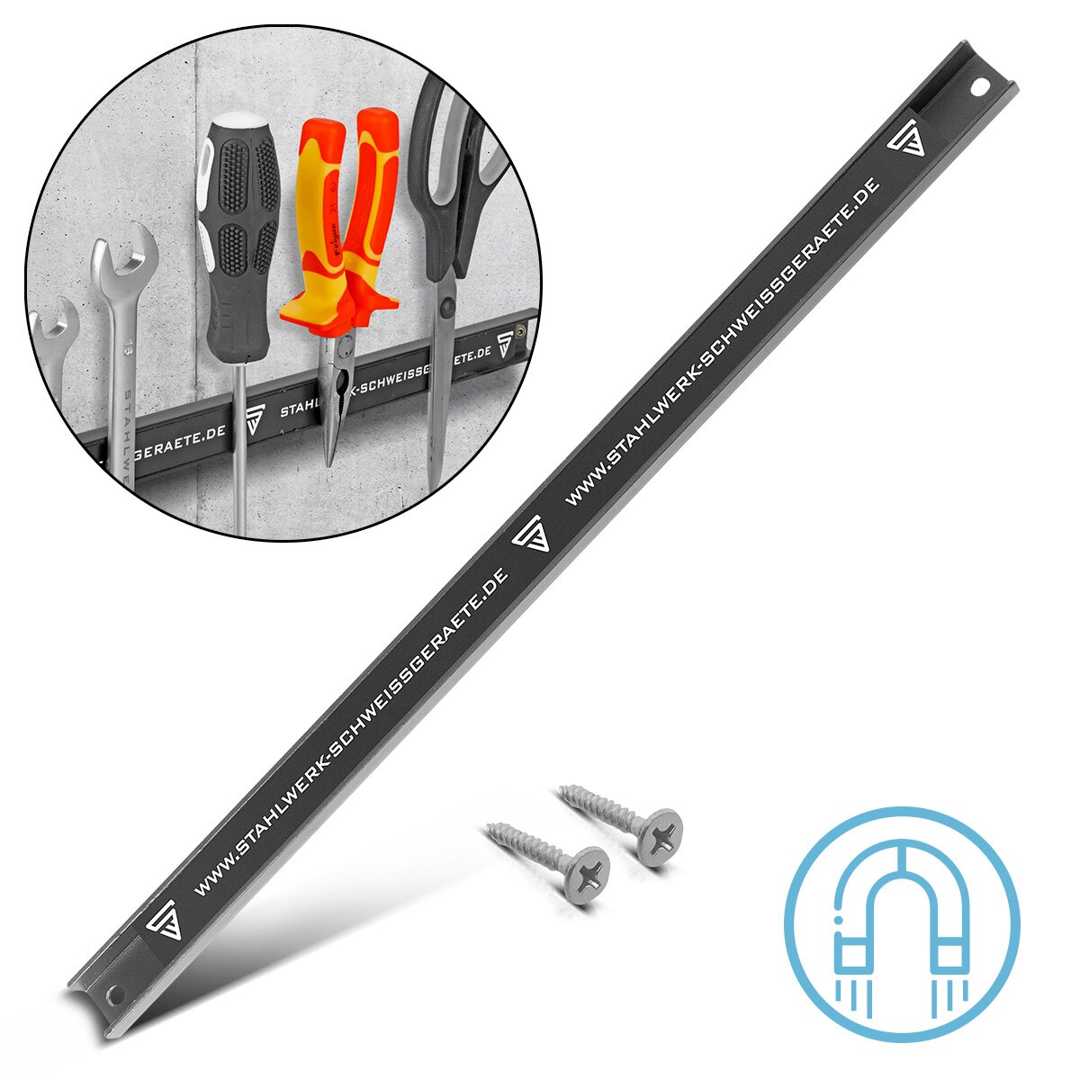 STAHLWERK Magnetleiste MWZ-18 ST 18" | 45 cm Werkzeugleiste | Magnetschiene | Messerleiste | Magnethalterung | Werkzeugschiene | Magnetischer Werkzeughalter mit starker Haftkraft für Messer und Werkzeuge