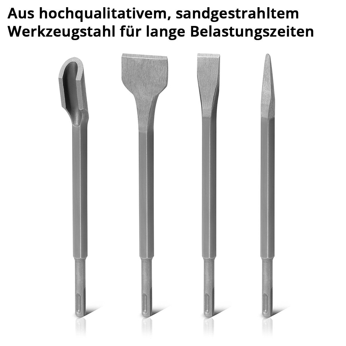 STAHLWERK Meißel 4er Set 250 mm SDS-Plus-Aufnahme, sandgestrahlter Meißel-Satz mit Flachmeißel | Spitzmeißel | Breitmeißel | Hohlmeißel