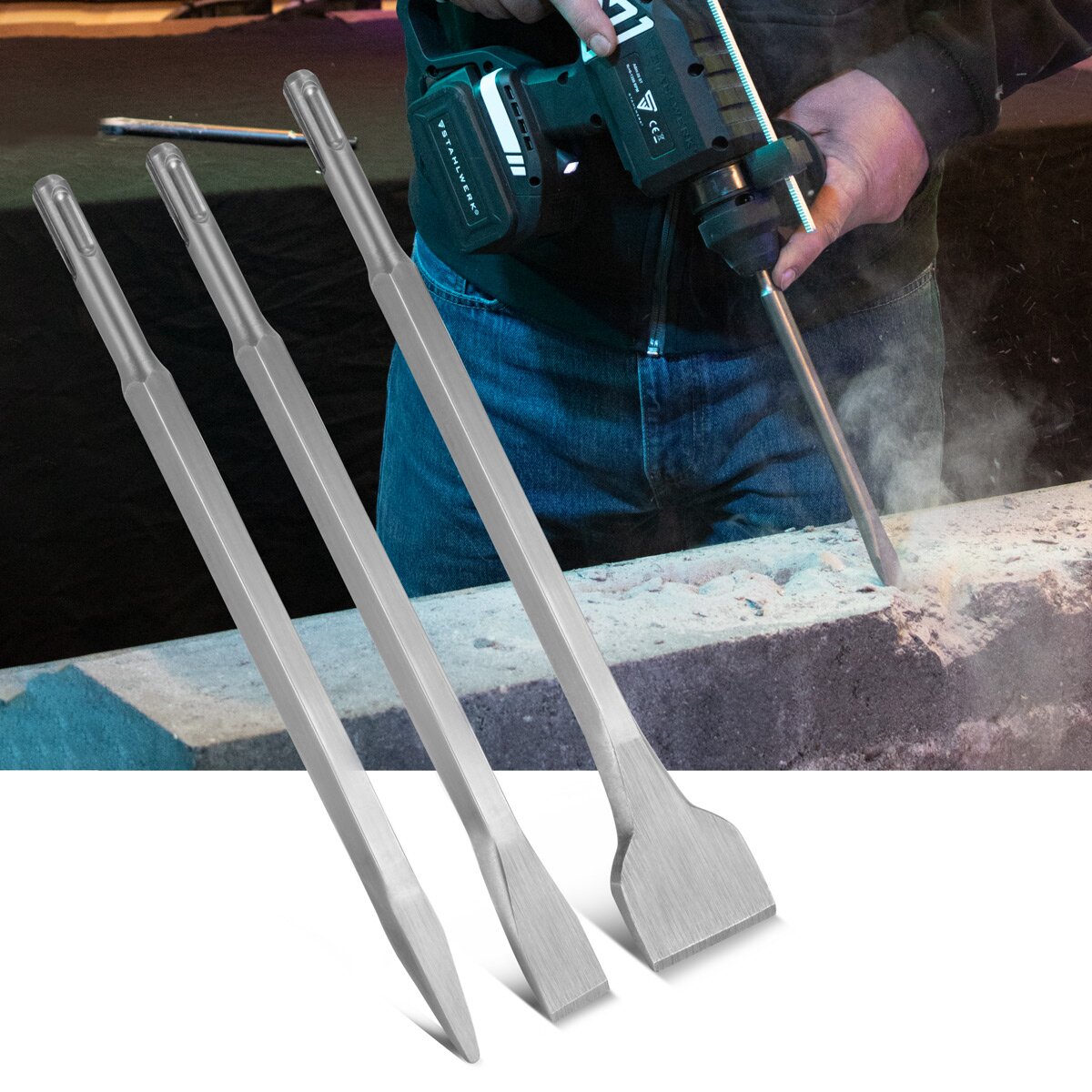 STAHLWERK Meißel 4er Set 250 mm SDS-Plus-Aufnahme, sandgestrahlter Meißel-Satz mit Flachmeißel | Spitzmeißel | Breitmeißel | Hohlmeißel