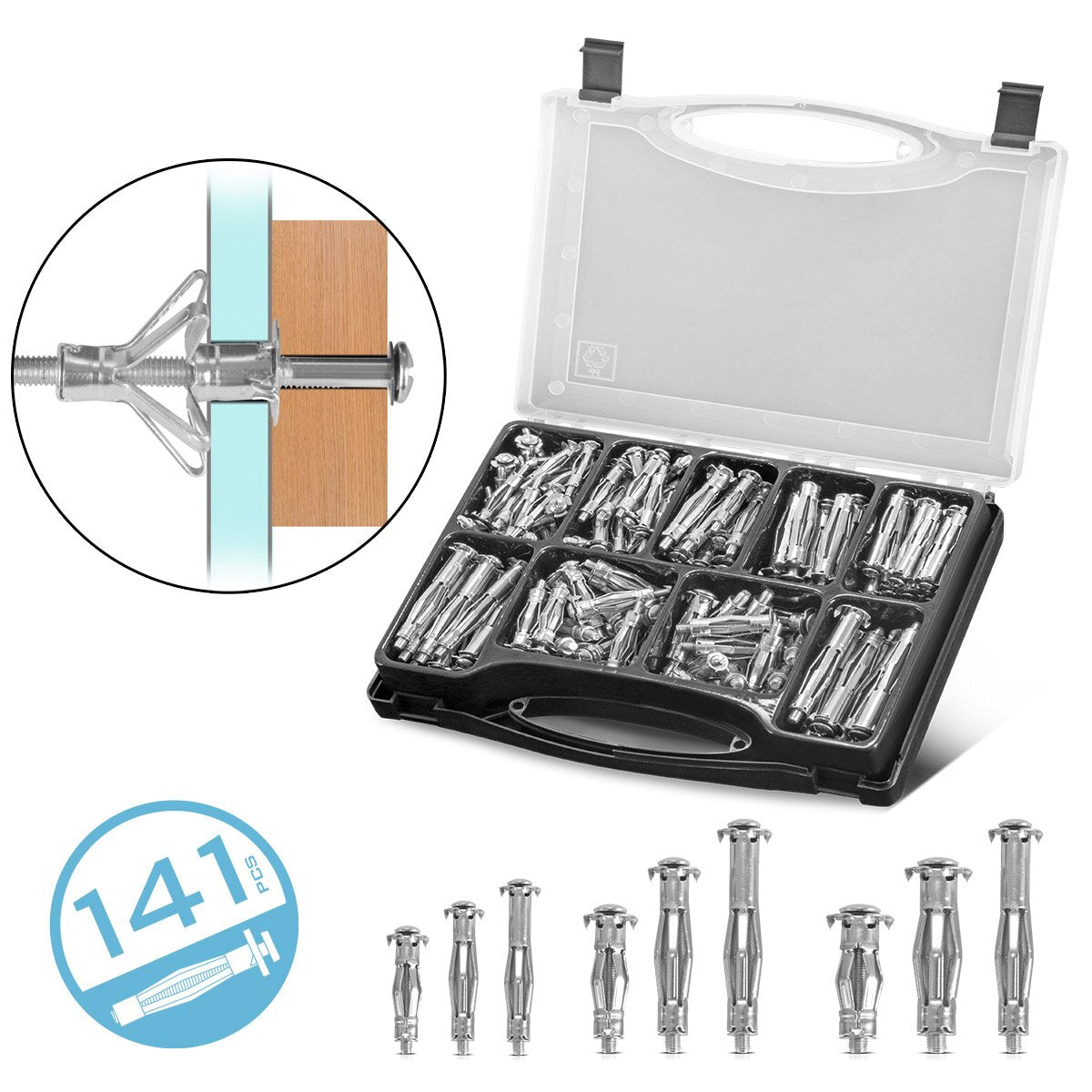 Steelworks Metal cavity dowel 141-piece set M4 x 32 | M4 x 38 | M4 x 46 | M5 x 37 | M5 x 52 | M5 x 65 | M6 x 37 | M6 x 52 | M6 x 65 metal dowels with pre-assembled screws for drywall work