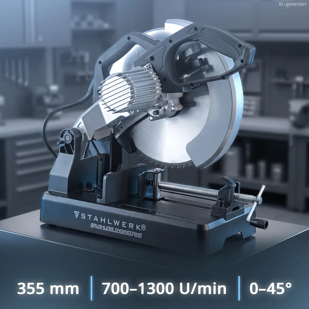 STAHLWERK Metalltrennsäge MT-35 ST | 3.500 W | Ø 355 mm Sägeblatt | 700-1.300 U/min | LCD-Anzeige | Schnittwinkel 0-45° | für Stahl, Aluminium, Holz und Kunststoff | Brushless | Kappsäge |Trennsäge