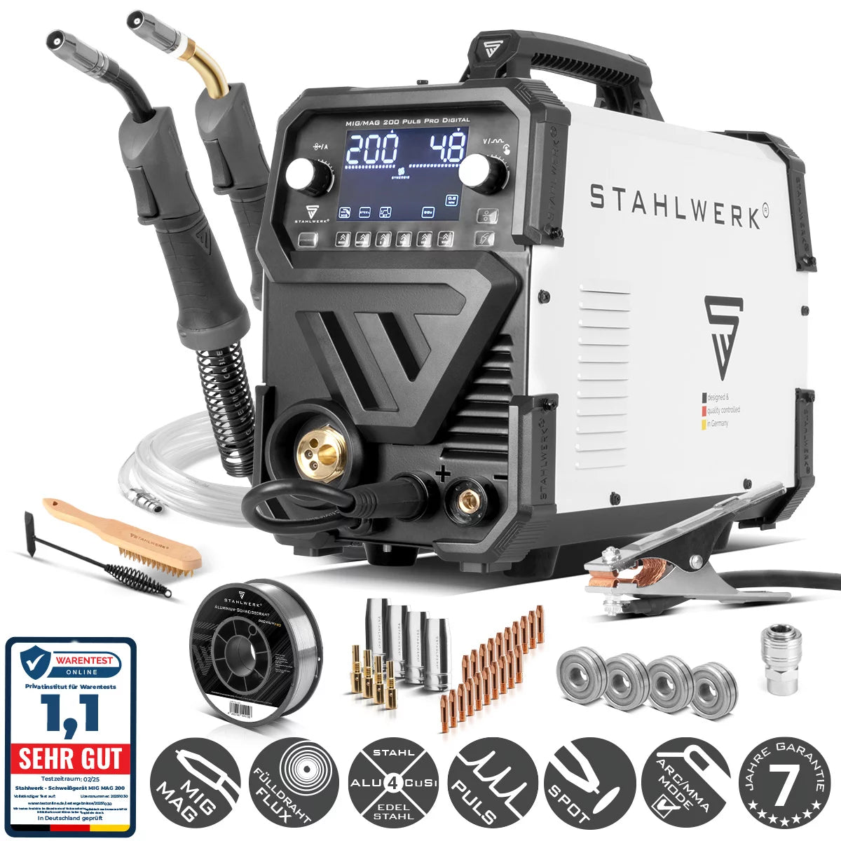 STAHLWERK MIG MAG 200 Puls Pro Digital Alu-Set | Schutzgas-Schweißgerät | IGBT Inverter 200 A | Synergischer Drahtvorschub | 4-Rollen-Antrieb, FLUX, Lift-TIG, MMA, CuSi, MIG-Puls für Alu