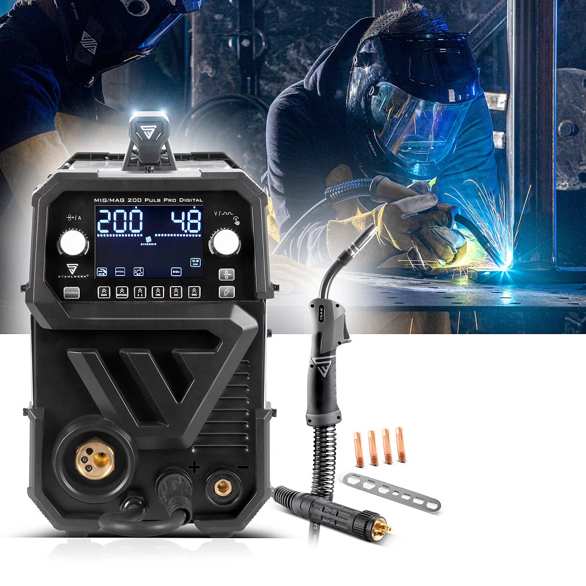 STAHLWERK MIG MAG 200 Puls Pro Kit numérique en aluminium | Machine à souder au gaz inerte | Onduleur IGBT 200 A | Dévidoir synergique | Entraînement à 4 rouleaux, FLUX, Lift-TIG, MMA, CuSi, MIG-Pulse pour l'aluminium