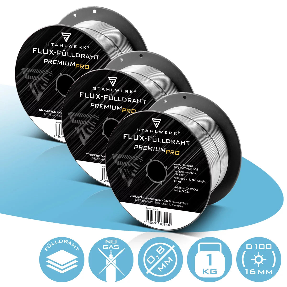 STAHLWERK 3 x MIG MAG Premium Schweißdraht  - Fülldraht E71T-GS Ø 0,8 mm S100/ D100 Drahtrolle 1 kg / Flux-Fülldraht