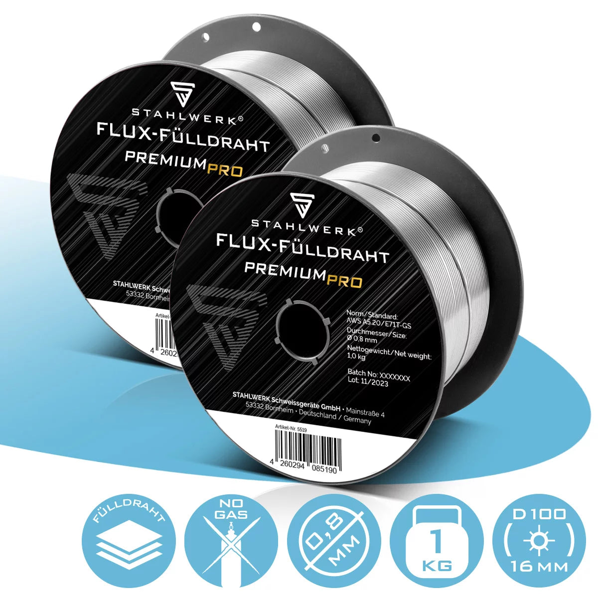 STAHLWERK 2 x MIG MAG Premium Schweissdraht, Fülldraht E71T-GS Ø 0,8 mm S100/ D100 Drahtrolle 1 kg