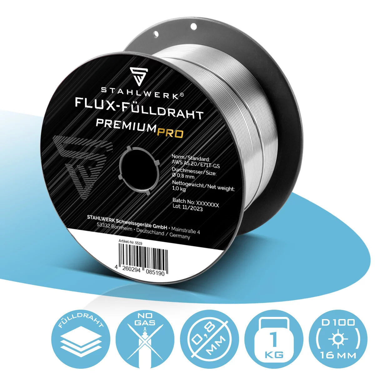 STAHLWERK MIG MAG Premium Schweißdraht - Fülldraht E71T-GS Ø 0,8 mm S100/ D100 Drahtrolle mit 1 kg / Flux-Fülldraht