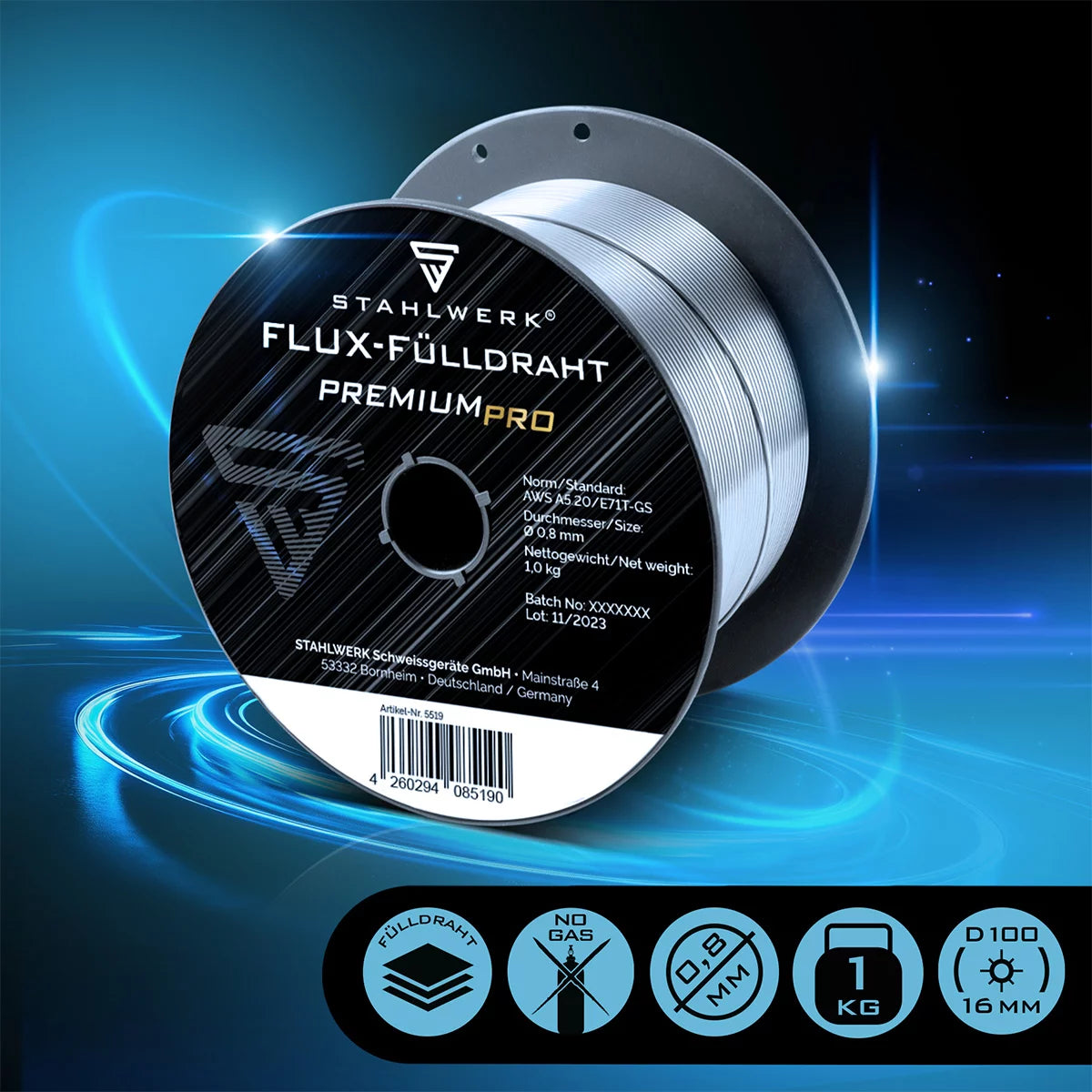 STAHLWERK MIG MAG Premium Schweißdraht - Fülldraht E71T-GS Ø 0,8 mm S100/ D100 Drahtrolle mit 1 kg / Flux-Fülldraht