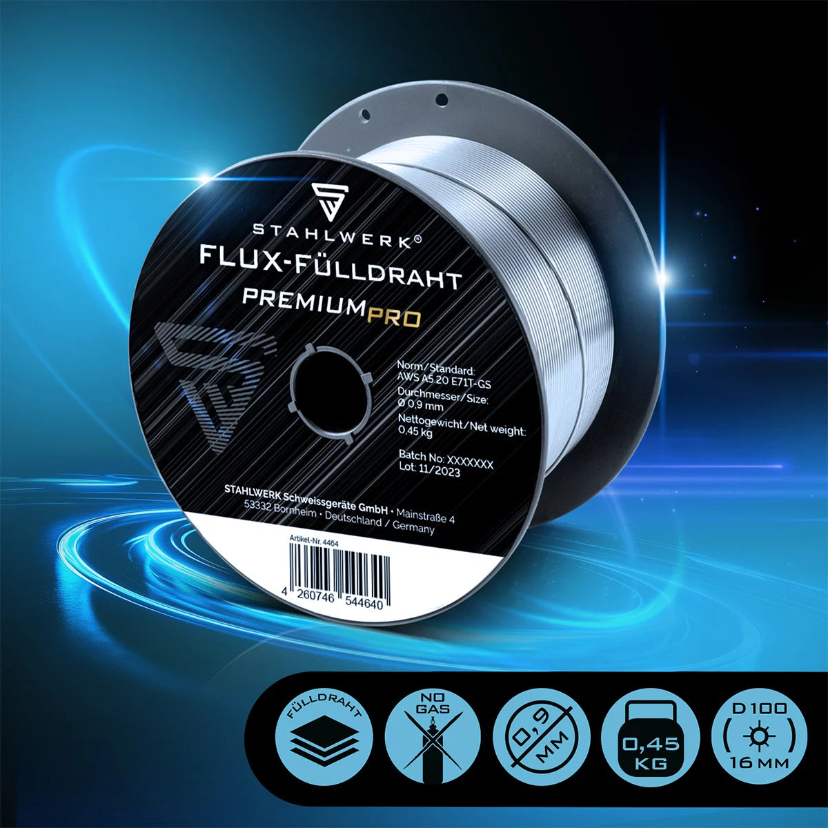 STAHLWERK MIG MAG Premium Schweißdraht - Fülldraht 3er Set E71T-GS Ø 0,9 mm S100/ D100 Drahtrolle mit 0,45 kg / Flux-Fülldraht