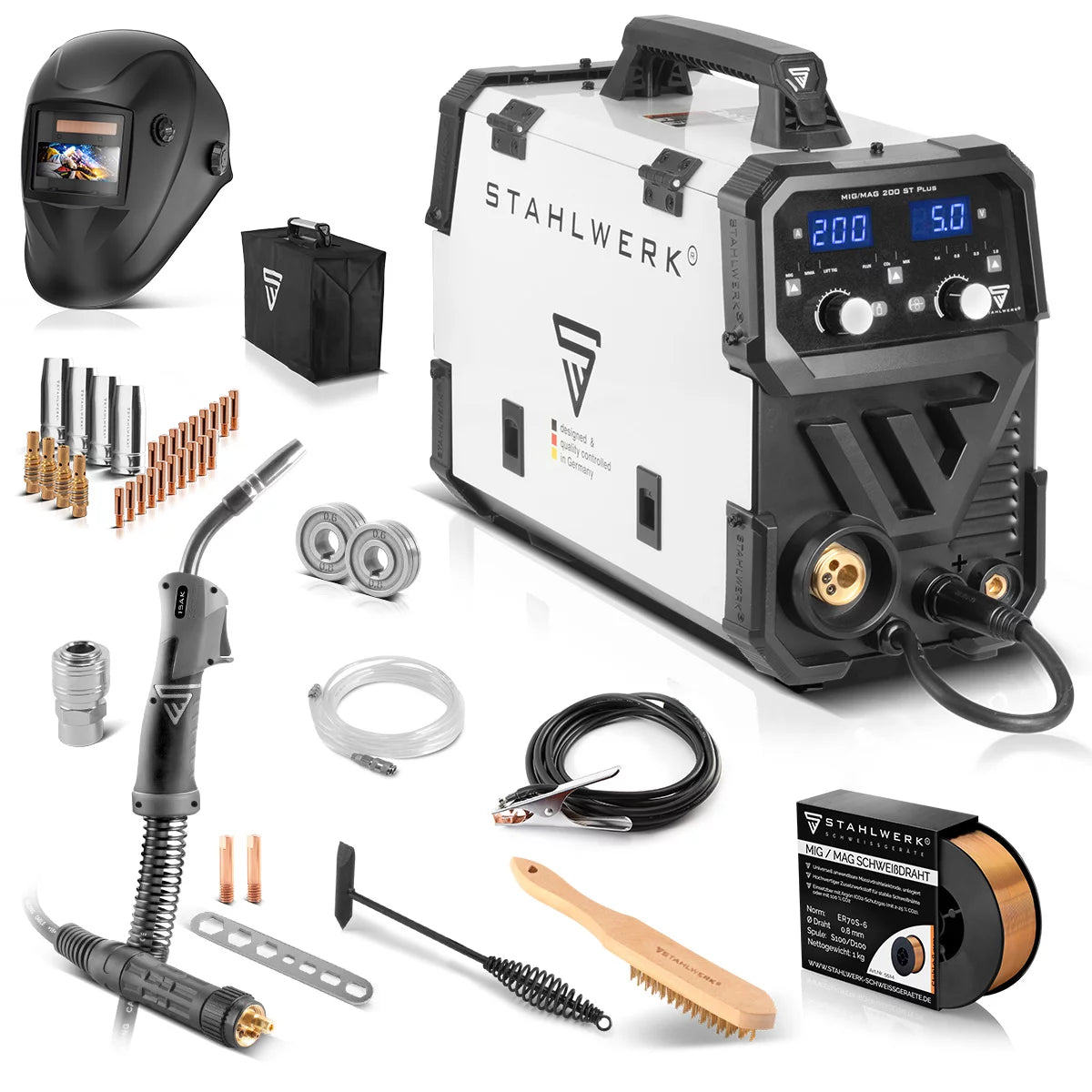 Steelworks welding machine MIG MAG 200 ST Plus full equipment Protection gas welding device | IGBT Inverter with 200 A, synergic wire feed, flux, lift-tig and MMA | ARC function