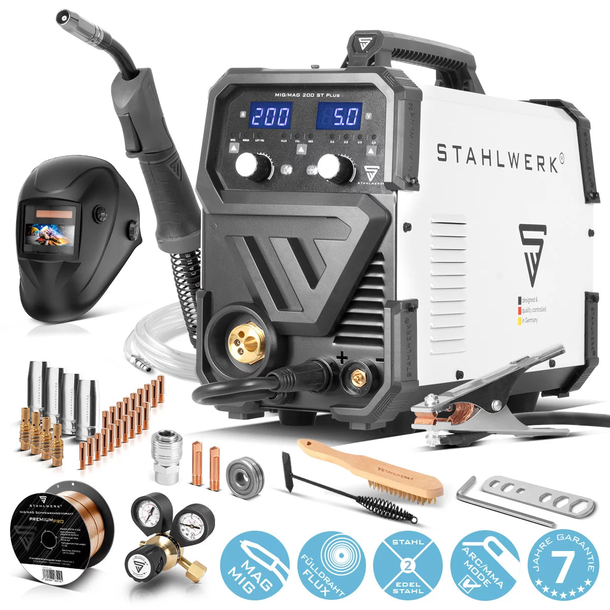 STAHLWERK Schweißgerät MIG MAG 200 ST PLUS Vollausstattung Schutzgas-Schweißgerät | IGBT Inverter mit 200 A, synergischem Drahtvorschub, FLUX-, Lift-TIG- und MMA | ARC-Funktion