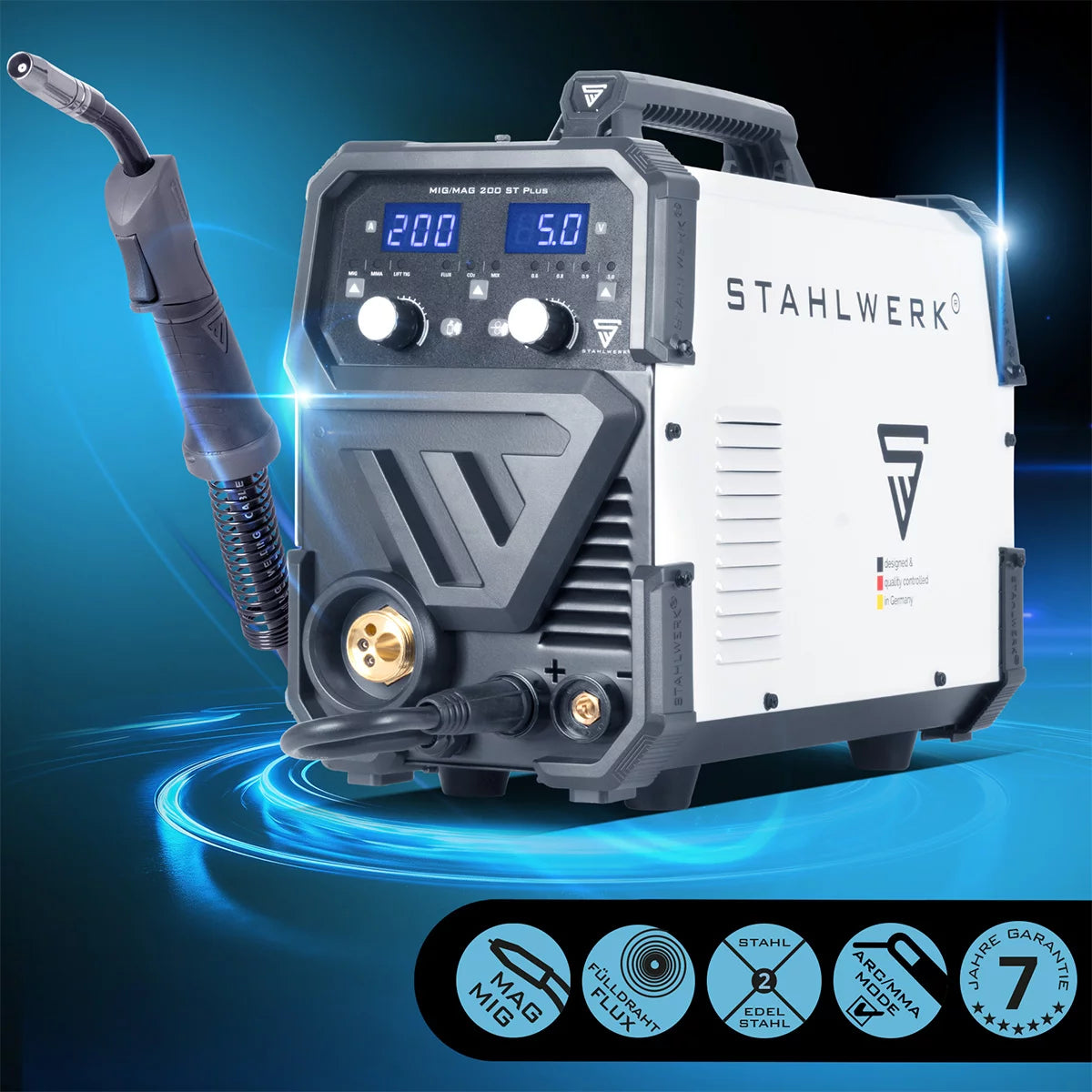 Saldatura in acciaio MIG Mag Mag 200 St Plus Devicatore di saldatura a gas protezione per attrezzatura completa | Inverter IGBT con 200 A, alimentazione a filo sinergico, flusso, Tig e MMA | Funzione arco