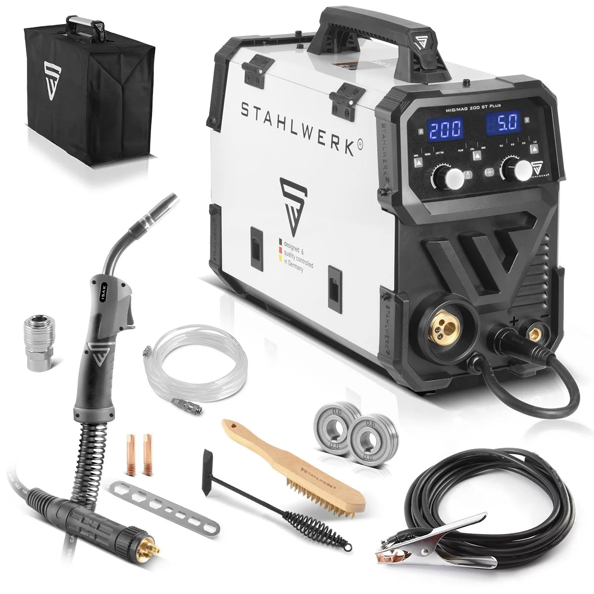 Welding Machine Stahlwerk Mig Mag 200 St Plus Attrezzatura per saldatura a gas protettivo | Inverter IGBT con 200 A, alimentazione a filo sinergico, flusso, Tig e MMA | Funzione arco