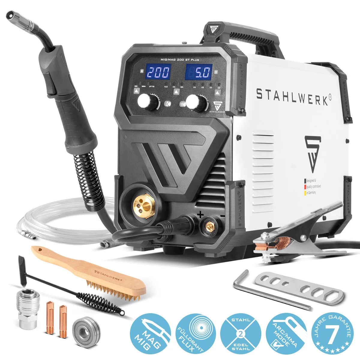 STAHLWERK Schweißgerät MIG MAG 200 ST PLUS Schutzgas-Schweißgerät | IGBT Inverter mit 200 A, synergischem Drahtvorschub, FLUX-, Lift-TIG- und MMA | ARC-Funktion