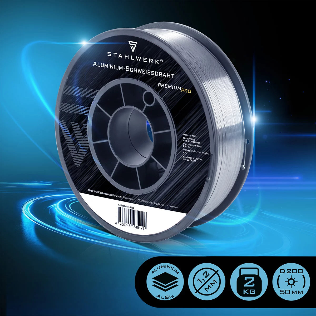 STAHLWERK MIG MAG Premium Aluminium Schweißdraht / Drahtrolle ER4043 Si5 1,2 mm S200/D200 2 kg für Aluminium-Schweißarbeiten mit Schutzgas