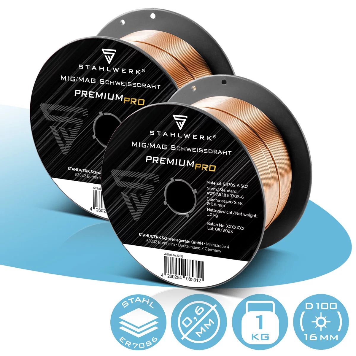 Steelworks 2 set mig mag wiss cable ER70S-6 SG2 Ø 0.6 mm S100/D100 Rodillo de alambre 1 kg