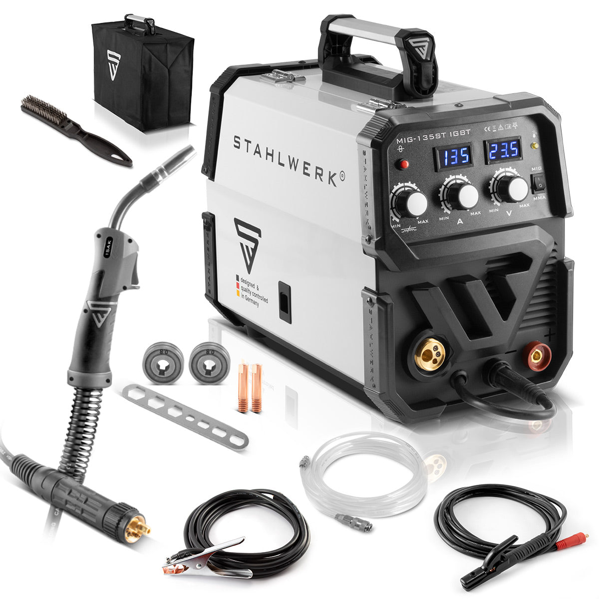 STAHLWERK Schweißgerät MIG MAG 135 ST IGBT / Schutzgasschweißgerät mit synergischem Drahtvorschub und echten 135 Ampere / Kombi-Schweißgerät