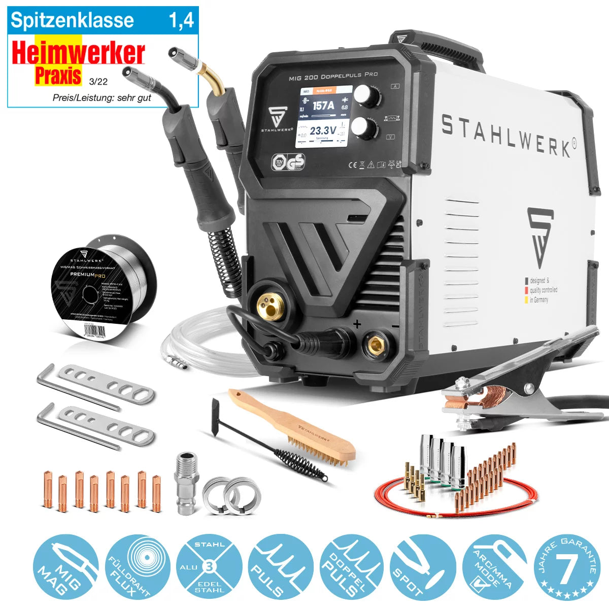 STAHLWERK MIG MAG 200 Doppelpuls Pro vollsynergisches Schweißgerät mit AK25/MB25 Alu-Schweißbrenner und Verschleißteile-Set für Aluminium-Schweißen