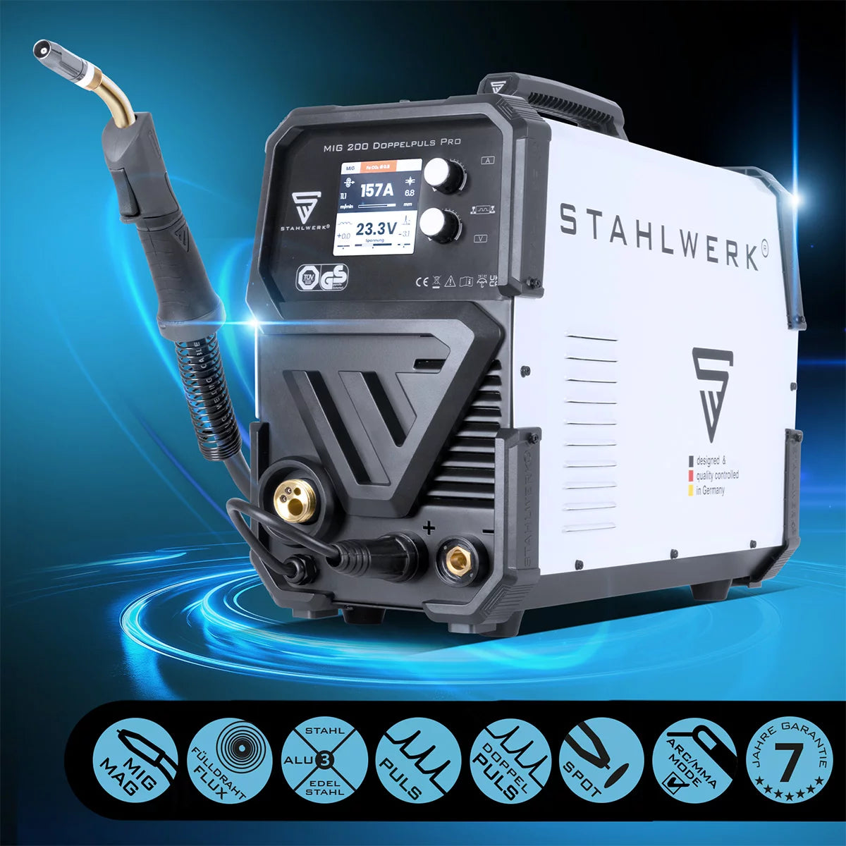 Stahlwerk MIG MAG 200 Double pulse per full equipment Full-syngical welding machine with AK25 welding burner and AK25 wear parts set