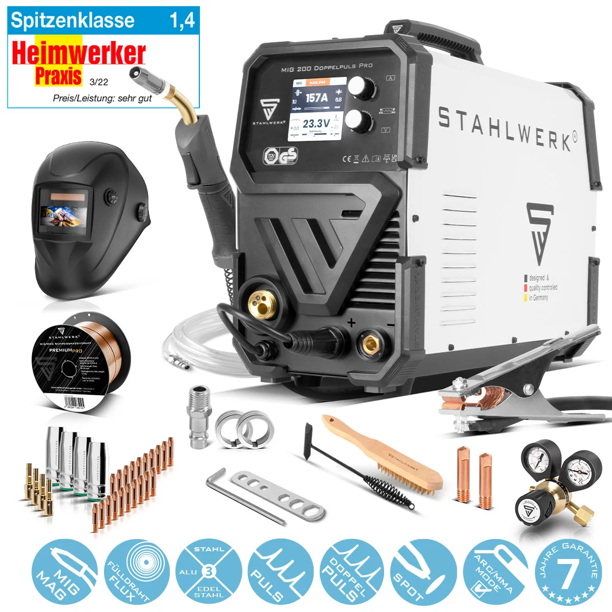 Stahlwerk MIG MAG 200 Double pulse per full equipment Full-syngical welding machine with AK25 welding burner and AK25 wear parts set