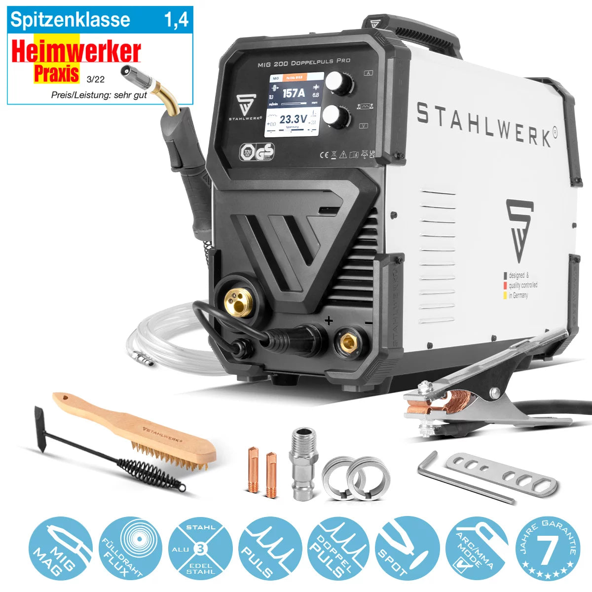 STAHLWERK MIG MAG 200 Doppelpuls Pro vollsynergisches Schweißgerät mit 200 Ampere und AK25/MB25 Schweißbrenner