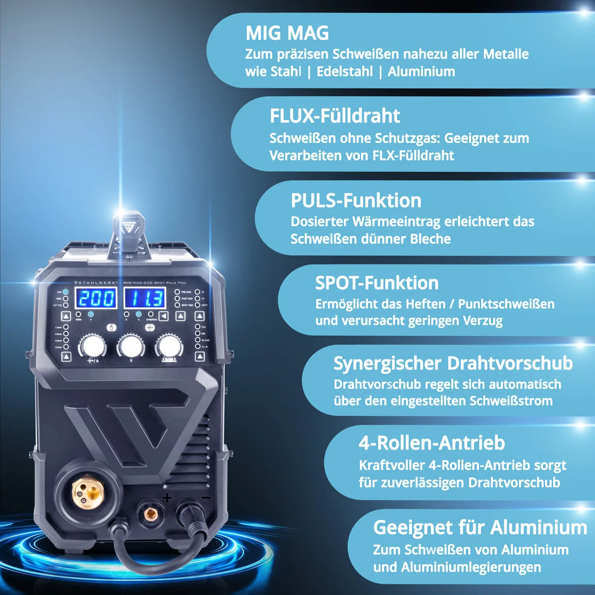 Stahlwerk Mig Mag 200 Spot Puls Pro, fully synergian IGBT Inverter, 5 in 1 combination device with spot function and 200 ampere, aluminum | Fill wire | Mig Mag | ARC MMA | Lift Tig | pulse