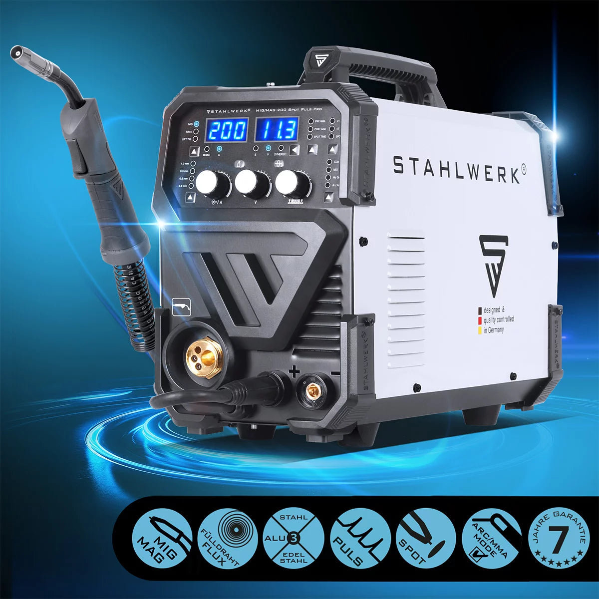STAHLWERK Schweißgerät MIG MAG 200 Spot Puls Pro, Vollsynergischer IGBT Inverter, 5 in 1 Kombigerät mit Spotfunktion und 200 Ampere, Alu | Fülldraht | MIG MAG | ARC MMA | Lift TIG | Puls