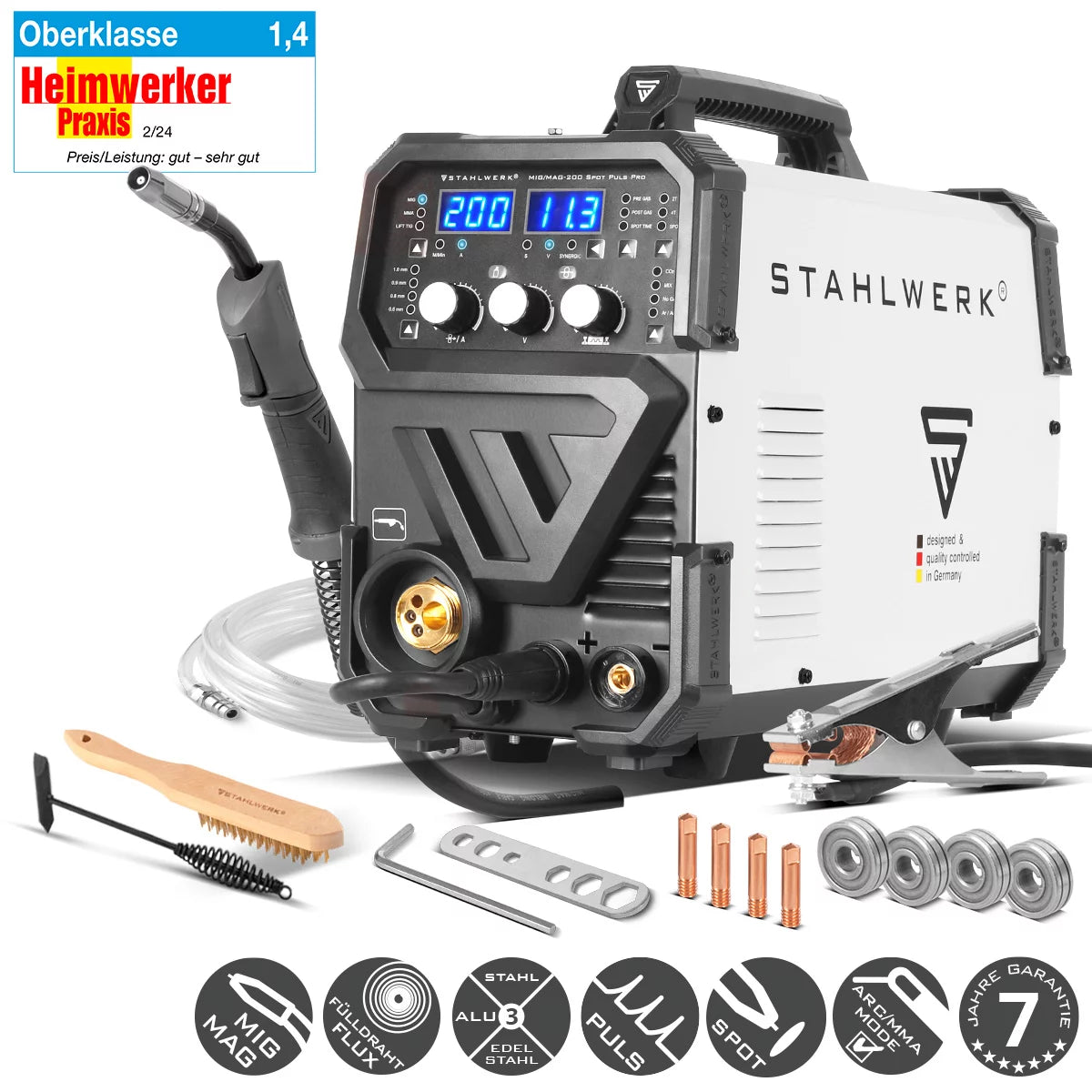 STAHLWERK Schweißgerät MIG MAG 200 Spot Puls Pro, Vollsynergischer IGBT Inverter, 5 in 1 Kombigerät mit Spotfunktion und 200 Ampere, Alu | Fülldraht | MIG MAG | ARC MMA | Lift TIG | Puls