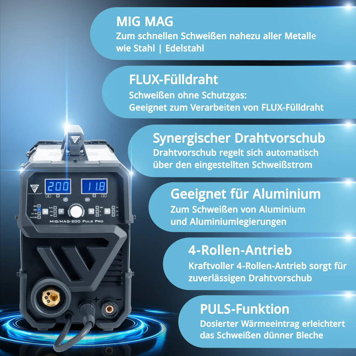 STAHLWERK MIG MAG 200 Puls Pro inert gas welding machine Fully synergic 5 in 1 combination device with real 200 A and 4 rollers drive, cored wire, MIG MAG, ARC MMA, Lift TIG, MIG Pulse for aluminum welding