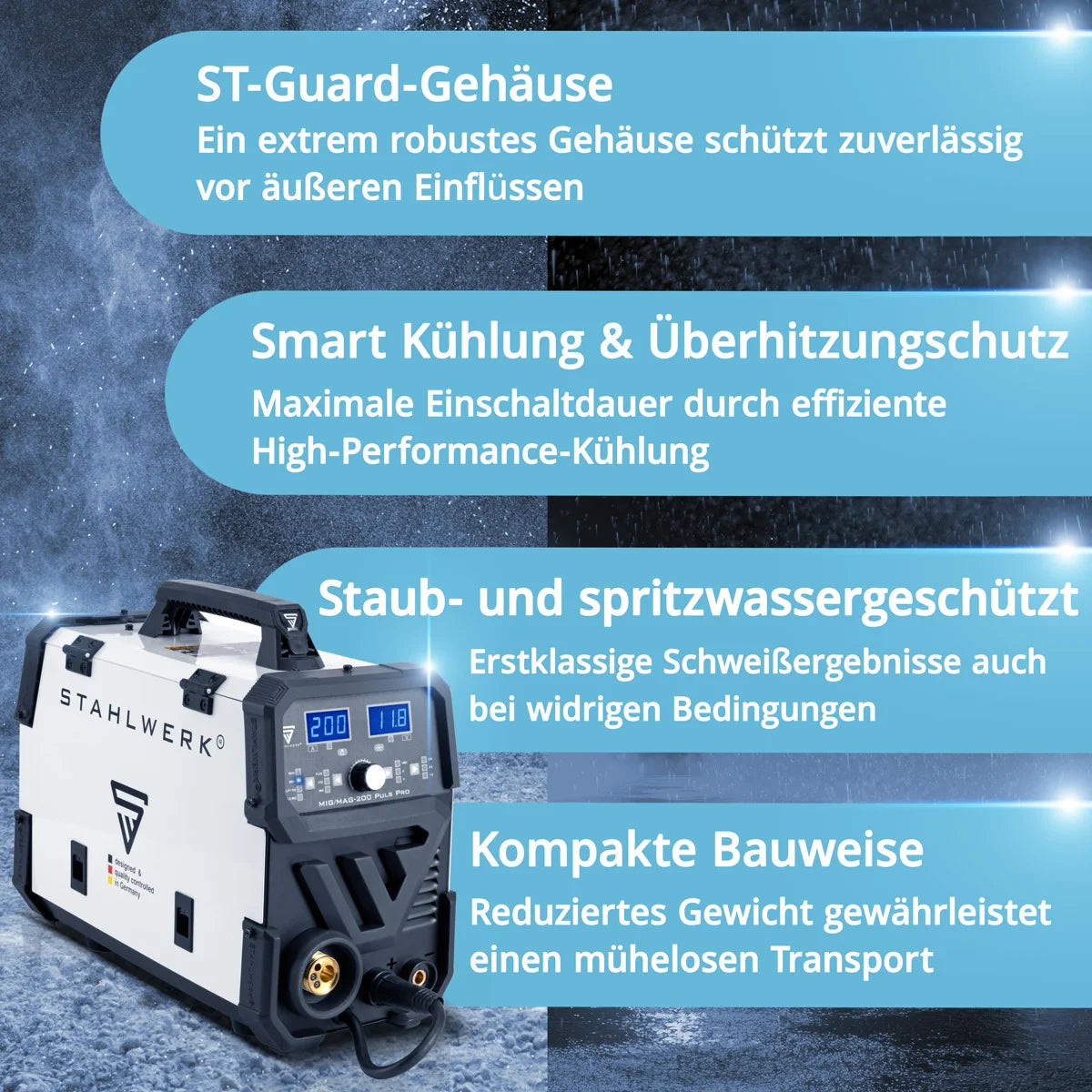 STAHLWERK MIG MAG 200 Puls Pro inert gas welding machine Fully synergic 5 in 1 combination device with real 200 A and 4 rollers drive, cored wire, MIG MAG, ARC MMA, Lift TIG, MIG Pulse for aluminum welding