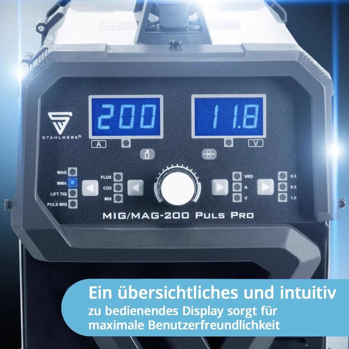 STAHLWERK MIG MAG 200 Puls Pro inert gas welding machine Fully synergic 5 in 1 combination device with real 200 A and 4 rollers drive, cored wire, MIG MAG, ARC MMA, Lift TIG, MIG Pulse for aluminum welding