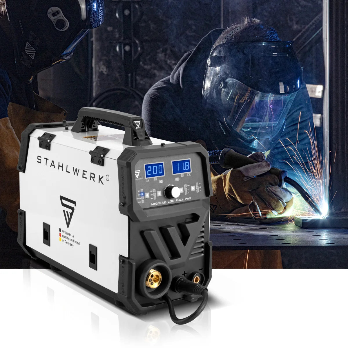 STAHLWERK MIG MAG 200 Puls Pro inert gas welding machine Fully synergic 5 in 1 combination device with real 200 A and 4 rollers drive, cored wire, MIG MAG, ARC MMA, Lift TIG, MIG Pulse for aluminum welding