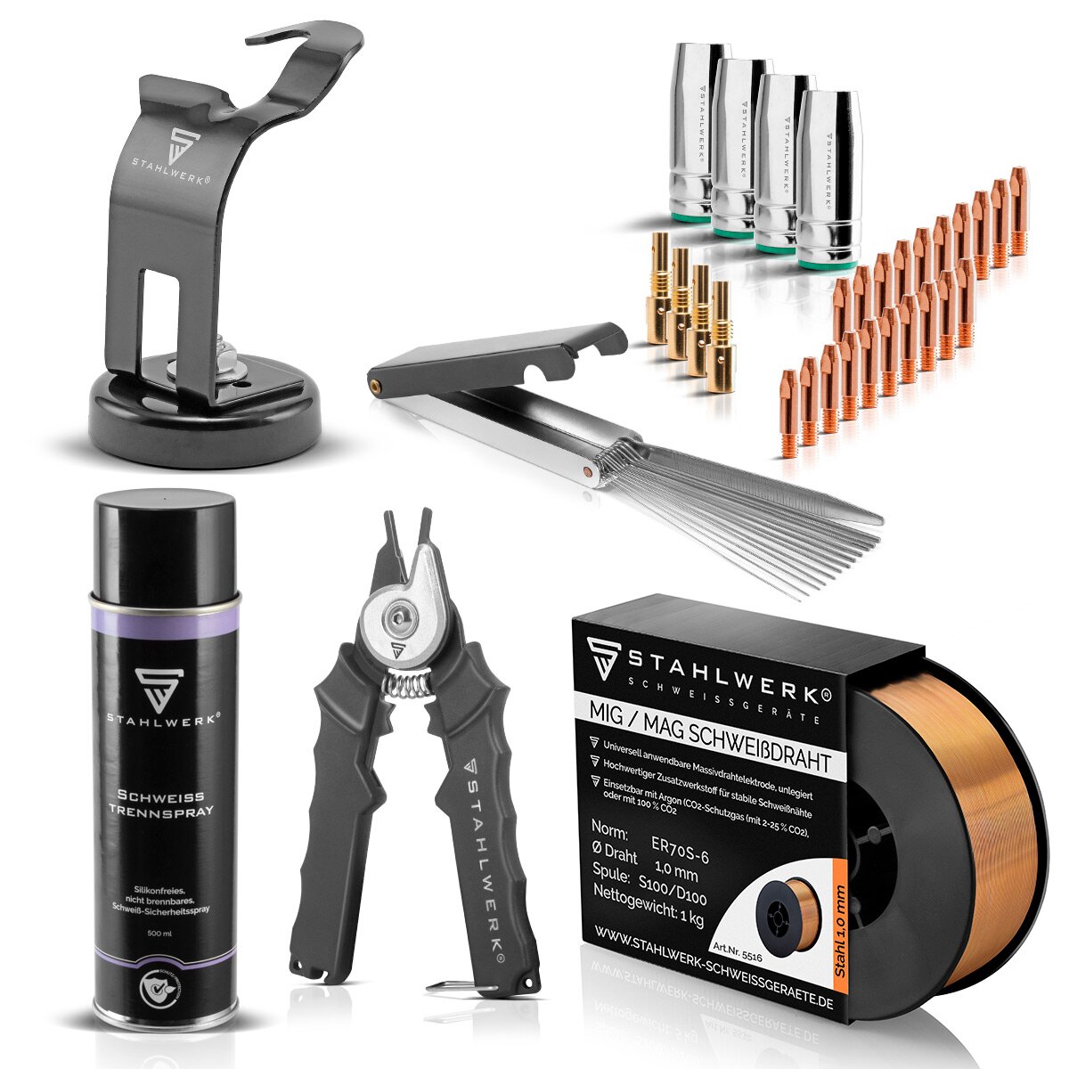 Set di avviamento MIG MIG AK15/MB15 di Stahlwerk, filo di saldatura Mig Mag, set di parti di usura da 15ak/MB, supporto per bruciatore con piede magnetico, spray per pistola super, ugello e detergente per ugelli con file
