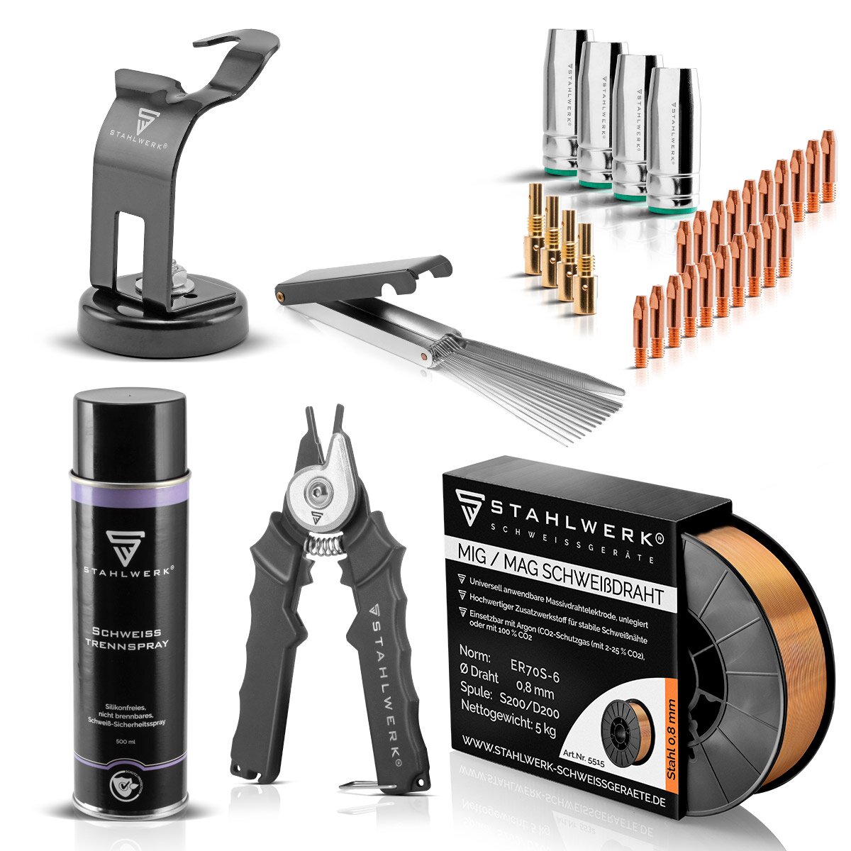Set di avviamento MIG AK25/MB25 MIG AKWORK, filo di saldatura MIG, set di parti di usura da 25ak, supporto per bruciatore con piede magnetico, utensile, separazione e pulitore dello spray a pistola con file