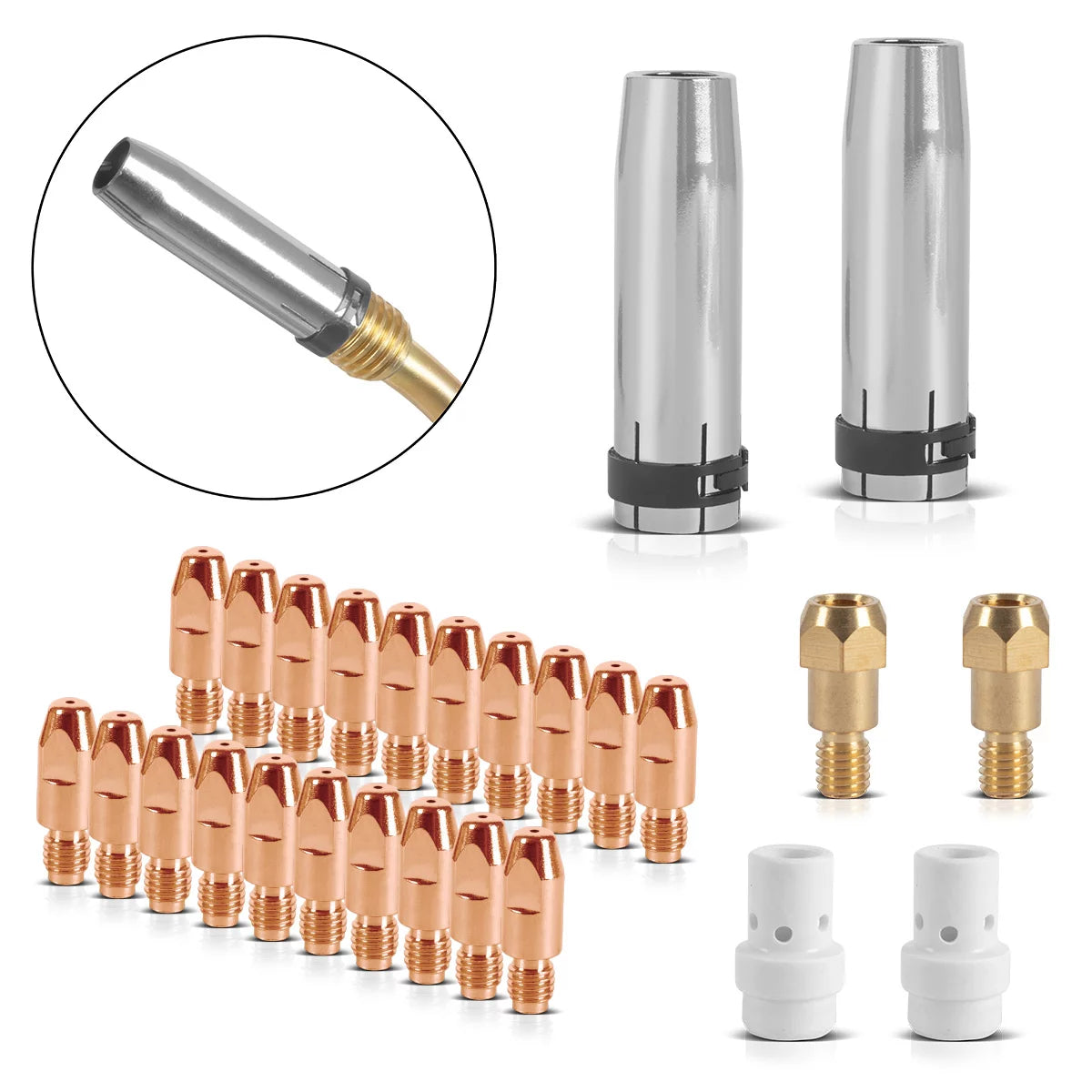 STAHLWERK MIG MAG AK36 | MB36 Premium-Verschleißteile-Set 26-teiliges Schweißzubehör mit Gasdüsen, Stromdüsen, Düsenträger und Keramik-Diffusor für MIG MAG Schweißbrenner