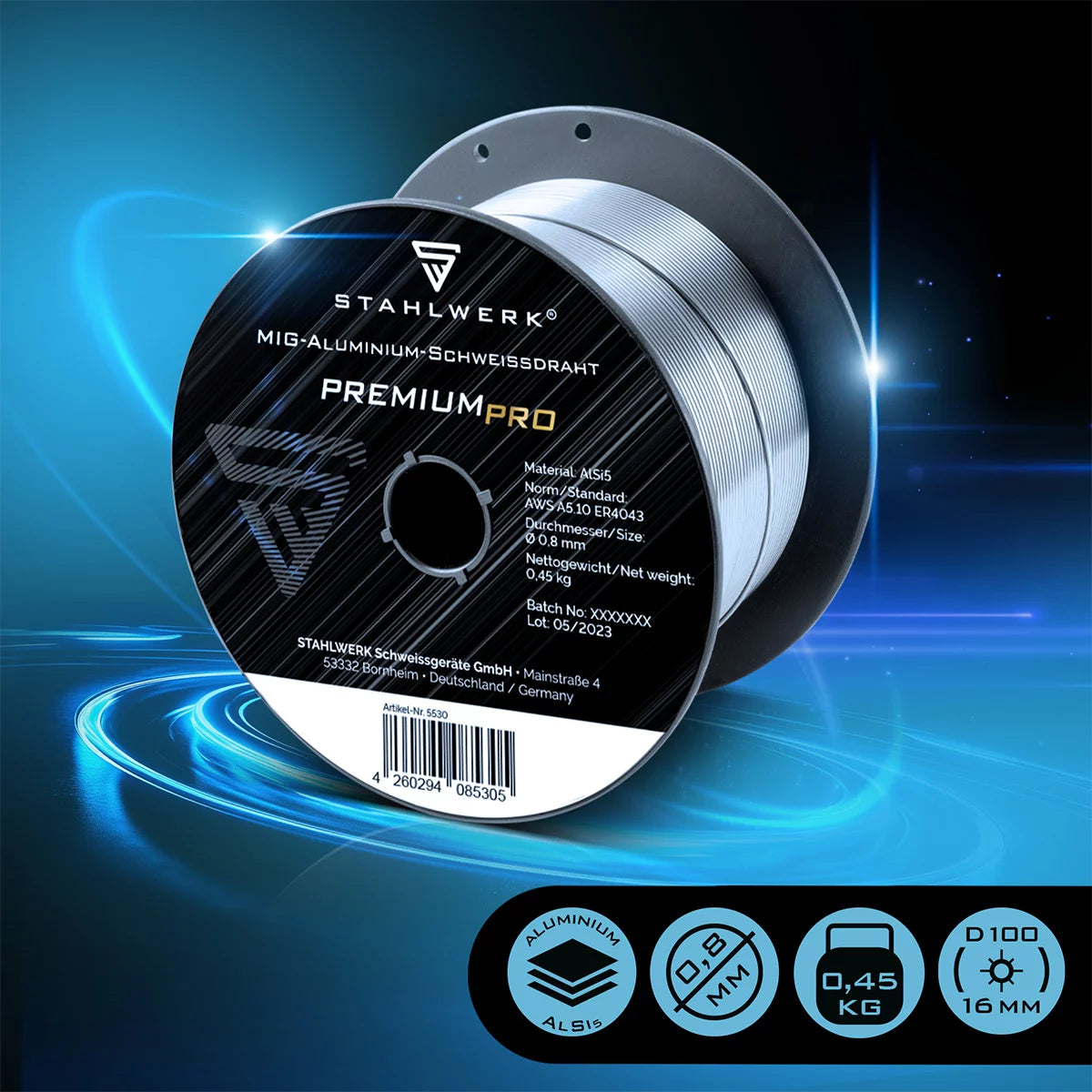 STAHLWERK MIG MAG Aluminium Schweißdraht ER4043 Si5 (ALSI-5) Ø 0,8 mm 0,45 kg Drahtrolle im 2er Set